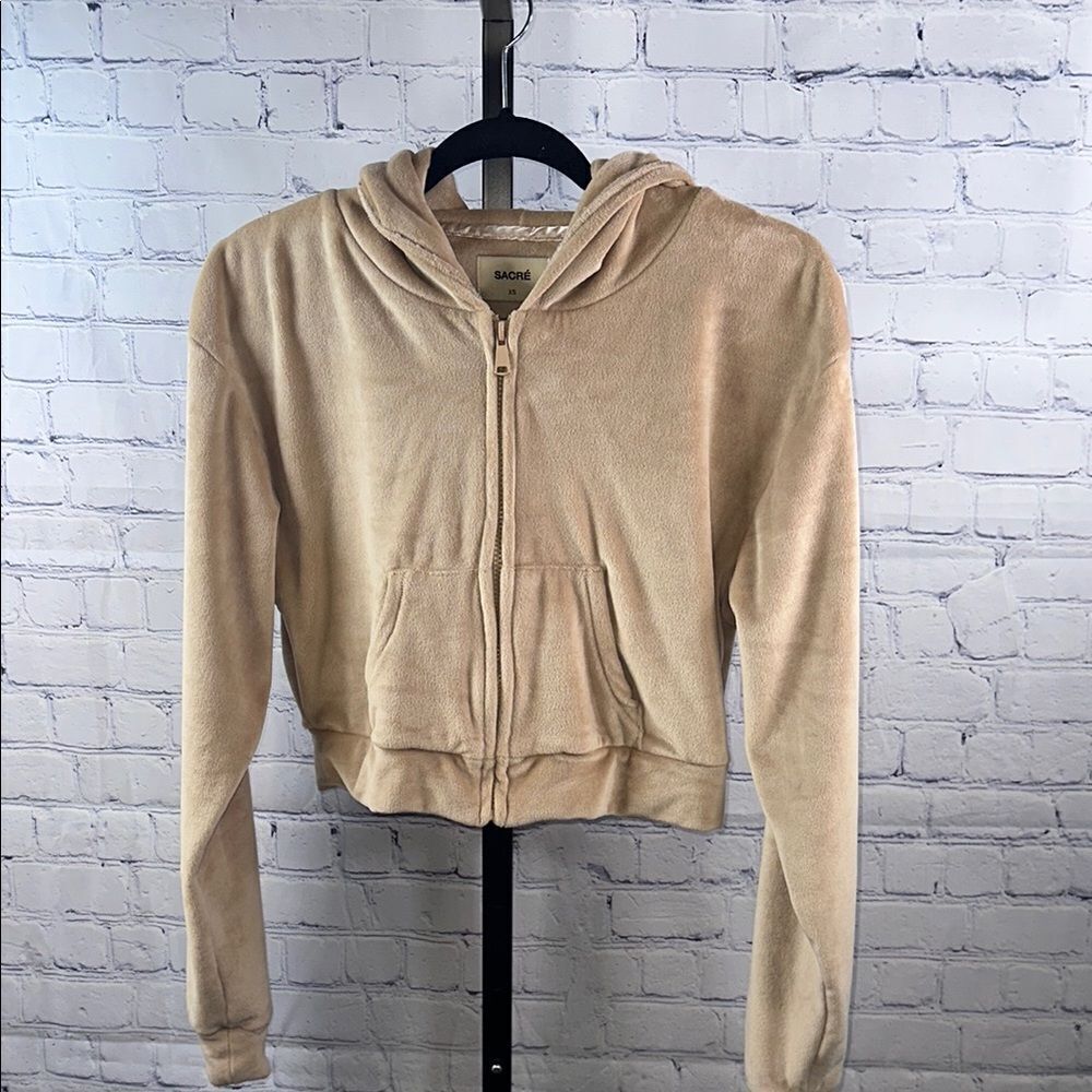 🩷 SACRÉ Velour Zip-Up Cropped Hoodie - XS